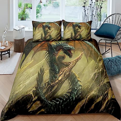 WIKINGER Bettwäsche Drachen 135x200 cm 2teilig Jungen 100% Mikrofaser Sommer Weiche Winter Warm Kinder Bettbezüge mit Reißverschluss 3D Viking Drache Bettbezug mit Kissenbezüge 80x80 cm von WIKINGER