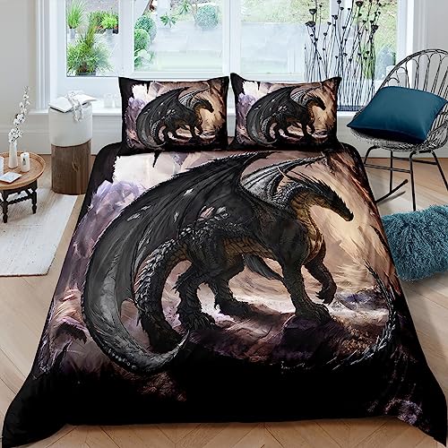 WIKINGER Bettwäsche Drachen 135x200 cm 2teilig Jungen 100% Mikrofaser Sommer Weiche Winter Warm Kinder Bettbezüge mit Reißverschluss 3D Viking Drache Bettbezug mit Kissenbezüge 80x80 cm von WIKINGER