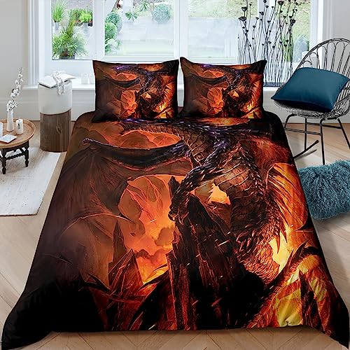 WIKINGER Bettwäsche Drachen 155x220 cm 3teilig Jungen 100% Mikrofaser Sommer Weiche Winter Warm Kinder Bettbezüge mit Reißverschluss 3D Viking Drache Bettbezug mit 2 Kissenbezüge 80x80 cm von WIKINGER