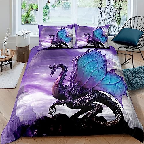 WIKINGER Bettwäsche Drachen 200x200 cm 3teilig Jungen 100% Mikrofaser Sommer Weiche Winter Warm Teenager Bettbezüge mit Reißverschluss 3D Viking Drache Bettbezug mit 2 Kissenbezüge 80x80 cm von WIKINGER