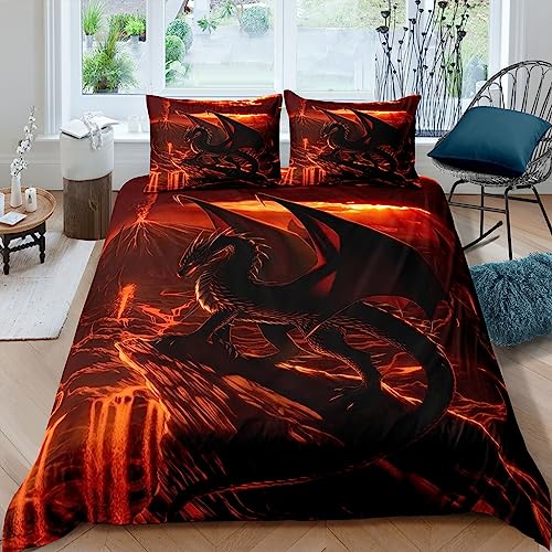 WIKINGER Bettwäsche Drachen 200x200 cm 3teilig Jungen 100% Mikrofaser Sommer Weiche Winter Warm Teenager Bettbezüge mit Reißverschluss 3D Viking Drache Bettbezug mit 2 Kissenbezüge 80x80 cm von WIKINGER