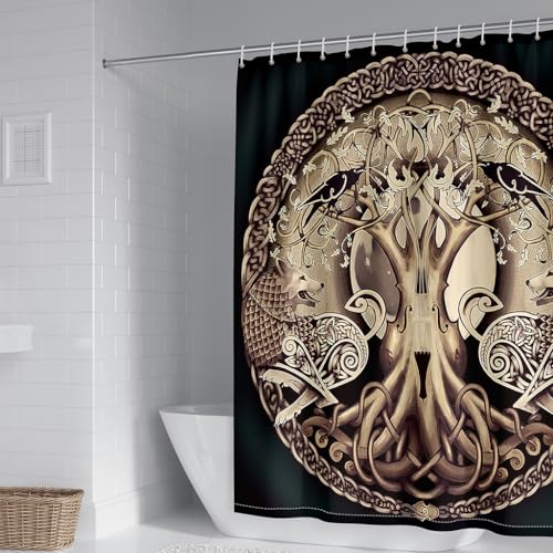 WIKINGER Duschvorhang 120x180 cm Anti-Schimmel Anti-Bakteriell Shower Curtains 3D Viking Baum des Lebens Duschvorhänge Waschbar Wasserdicht Polyester Textil Badvorhang mit 12 Haken für Badezimmer von WIKINGER