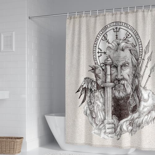 WIKINGER Duschvorhang 180x180 cm Anti-Schimmel Anti-Bakteriell Shower Curtains 3D Viking Odin Duschvorhänge Waschbar Wasserdicht Polyester Textil Badvorhang mit 12 Haken für Badezimmer von WIKINGER