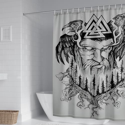 WIKINGER Duschvorhang 180x180 cm Anti-Schimmel Anti-Bakteriell Shower Curtains 3D Viking Odin Duschvorhänge Waschbar Wasserdicht Polyester Textil Badvorhang mit 12 Haken für Badezimmer von WIKINGER