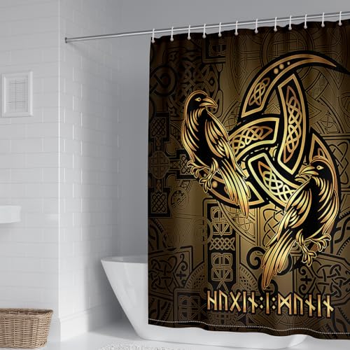 WIKINGER Duschvorhang 180x180 cm Anti-Schimmel Anti-Bakteriell Shower Curtains 3D Viking Rabe Duschvorhänge Waschbar Wasserdicht Polyester Textil Badvorhang mit 12 Haken für Badezimmer von WIKINGER