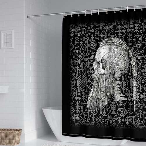 WIKINGER Duschvorhang 180x180 cm Anti-Schimmel Anti-Bakteriell Shower Curtains 3D Viking Totenkopf Duschvorhänge Waschbar Wasserdicht Polyester Textil Badvorhang mit 12 Haken für Badezimmer von WIKINGER