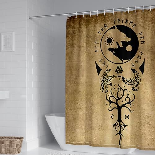 WIKINGER Duschvorhang 180x200 cm Anti-Schimmel Anti-Bakteriell Shower Curtains 3D Viking Baum des Lebens Duschvorhänge Waschbar Wasserdicht Polyester Textil Badvorhang mit 12 Haken für Badezimmer von WIKINGER
