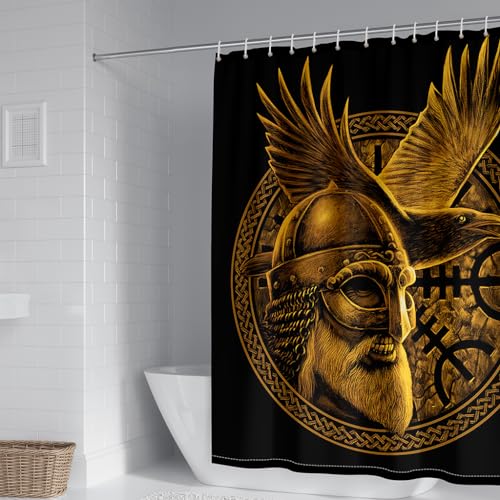 WIKINGER Duschvorhang 180x200 cm Anti-Schimmel Anti-Bakteriell Shower Curtains 3D Viking Odin Duschvorhänge Waschbar Wasserdicht Polyester Textil Badvorhang mit 12 Haken für Badezimmer von WIKINGER