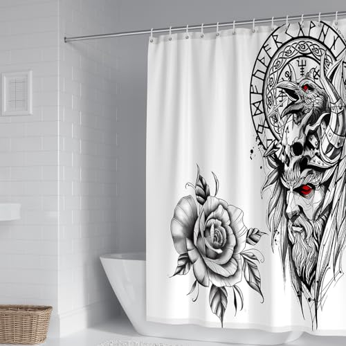 WIKINGER Duschvorhang 180x200 cm Anti-Schimmel Anti-Bakteriell Shower Curtains 3D Viking Odin Duschvorhänge Waschbar Wasserdicht Polyester Textil Badvorhang mit 12 Haken für Badezimmer von WIKINGER