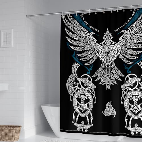 WIKINGER Duschvorhang 180x200 cm Anti-Schimmel Anti-Bakteriell Shower Curtains 3D Viking Rabe Duschvorhänge Waschbar Wasserdicht Polyester Textil Badvorhang mit 12 Haken für Badezimmer von WIKINGER