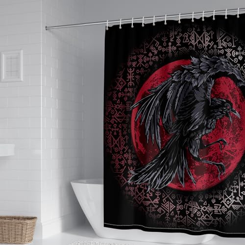 WIKINGER Duschvorhang 180x200 cm Anti-Schimmel Anti-Bakteriell Shower Curtains 3D Viking Rabe Duschvorhänge Waschbar Wasserdicht Polyester Textil Badvorhang mit 12 Haken für Badezimmer von WIKINGER