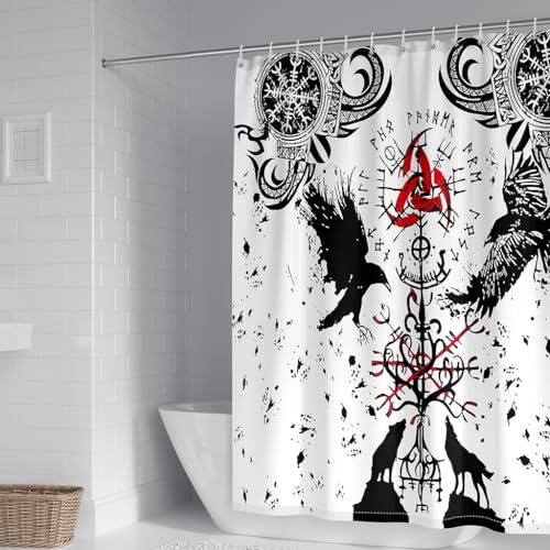 WIKINGER Duschvorhang 180x200 cm Anti-Schimmel Anti-Bakteriell Shower Curtains 3D Viking Rabe Duschvorhänge Waschbar Wasserdicht Polyester Textil Badvorhang mit 12 Haken für Badezimmer von WIKINGER