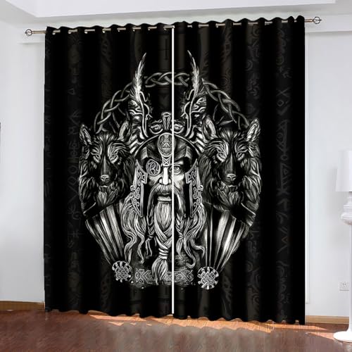 WIKINGER Gardinen mit ösen 2er Set B 110 X H 95 cm 3D Odin Vorhang Blickdicht Kälteschutz Schallschutz Verdunkelung Wärmeisolierende Vorhänge für Wohnzimmer Schlafzimmer von WIKINGER