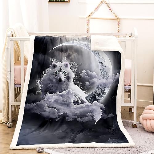 WIKINGER Kuscheldecke Sherpa Decke 150x200 cm Mikrofaser Super Weich und Warme Winter Blanket 3D Mond Wolf Wohndecke Kinder Fleecedecke Flauschige Sofadecke für Sofaüberwurf Tagesdecke von WIKINGER