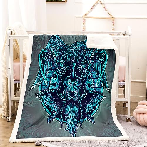 WIKINGER Kuscheldecke Sherpa Decke 150x200 cm Mikrofaser Super Weich und Warme Winter Blanket 3D Viking Rabe Wohndecke Kinder Fleecedecke Flauschige Sofadecke für Sofaüberwurf Tagesdecke von WIKINGER