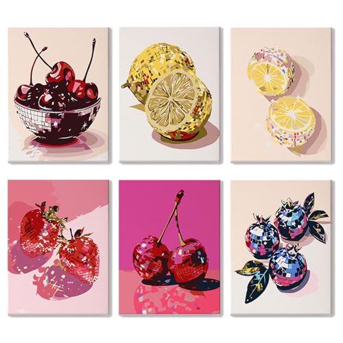 WIKOGDFE Malen nach Zahlen Obst-Set,6-teilig DIY handgemaltes Ölgemälde-Set,Malen nach Zahlen kit mit Pinseln und Acrylpigment, für Erwachsene,Anfänger,Geschenk,Home Deko (mit Rahmen, A) von WIKOGDFE