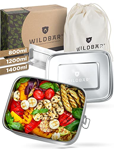 WILDBÄR – Premium Edelstahl Brotdose. BPA& plastikfreie Lunchbox mit flexibler Abtrennung ist auslaufsicher – Ideal für Schule & Büro – 1200ml Brotbox von WILDBÄR