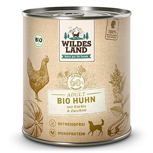 Wildes Land - Nassfutter für Hunde - Bio Huhn - 6 x 800 g -Getreidefrei - Extra hoher Fleischanteil von 60% - 100% zertifizierte Bio-Zutaten - Beste Akzeptanz und Verträglichkeit Wildes Land - Nassfutter für Hunde - Bio Huhn - 6 x 800 g -Getreidefrei - Extra hoher Fleischanteil von 60% - 100% zertifizierte Bio-Zutaten - Beste Akzeptanz und Verträglichkeit von WILDES LAND