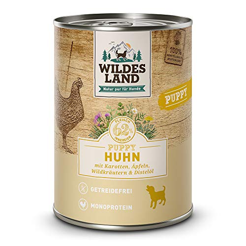 Wildes Land - Nassfutter für Hunde - Puppy Huhn - 6 x 400 g - mit Karotten, Äpfeln, Wildkräutern & Distelöl - Glutenfrei - Extra viel Fleisch - Beste Akzeptanz und Verträglichkeit Wildes Land - Nassfutter für Hunde - Puppy Huhn - 6 x 400 g - mit Karotten, Äpfeln, Wildkräutern & Distelöl - Glutenfrei - Extra viel Fleisch - Beste Akzeptanz und Verträglichkeit von WILDES LAND
