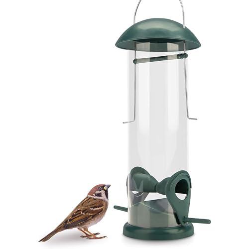 WILDLIFE FRIEND 20 cm Vogelfutterspender - Körnerfutterstation aus Kunststoff mit Zwei Anflugplätzen - Futtersäule zum Aufhängen für Wildvögel - Futterhaus für Ganzjährige Verwendung - Grün von WILDLIFE FRIEND