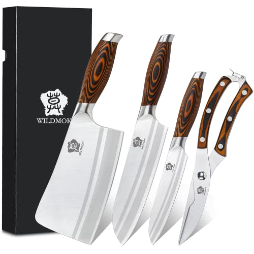 WILDMOK 4-teiliges Küchenmesserset Asiatisches Messerset Deutscher Stahl - X50CrMoV15 zum Mehrzweckschneiden und -schneiden von WILDMOK