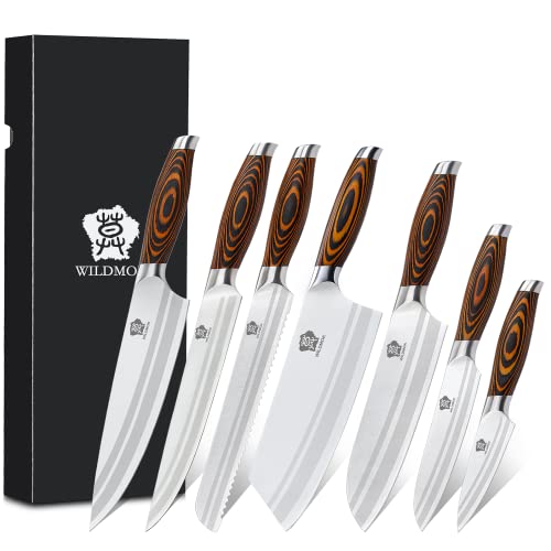 WILDMOK 7-teiliges Küchenmesserset mit Premium-Pakkawood-Griff Deutsches Stahlmesserset Inklusive Hackmesser-Kochmesser Santoku-Messerset von WILDMOK