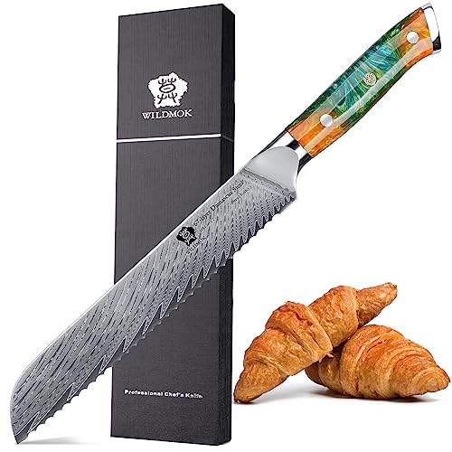 WILDMOK Brotmesser, Gezahnt, Damaststahl mit Federmuster, Full Tang, ultrascharfes Brotmesser 20cm, zum Schneiden von Brot,Kunstharzgriff mit eleganter Geschenkbox von WILDMOK