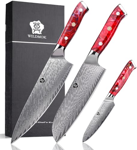 WILDMOK Damascus Küchenmesser 3-Teilig, rasier messers charfe Küchenmesser Made of Japanese, Well-Balanced Damascus Kochmesser set with Premium Resin Full Tang Handle von WILDMOK