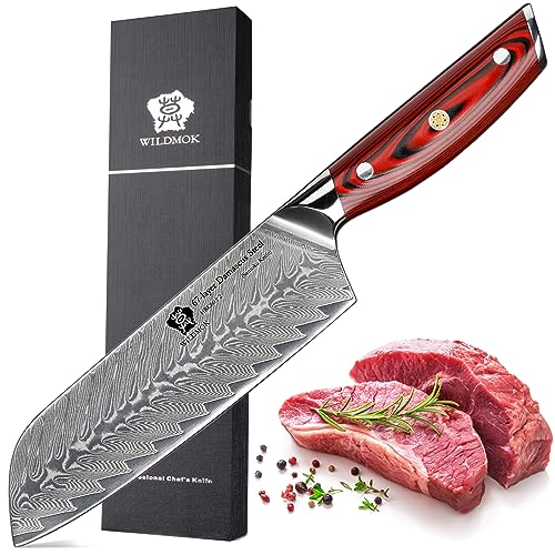 WILDMOK Damast SantokuMesser, 18 cm scharfes professionelles Fleisch Gemüsemesser, Japanisches Multifunktions Asiatisches Messer aus Super VG10 Stahl mit Full Tang G10 Griff-Song Serie von WILDMOK