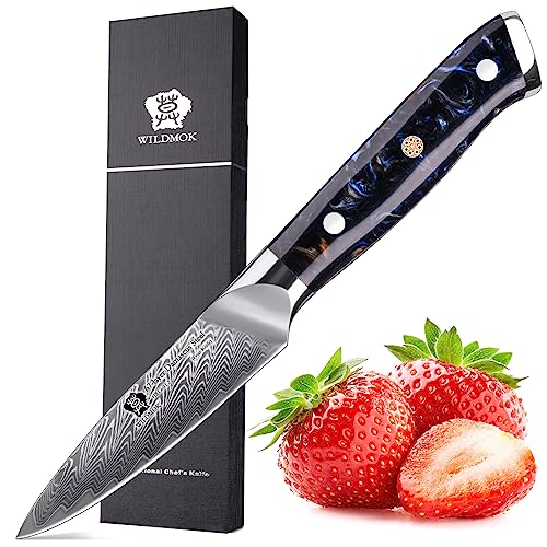 WILDMOK Kochmesser, 8cm, scharfes Obst, Japanisches VG10 Superstahl 67 Lagen Damaststahlmesser zum Schnitzen und Schälen, luxuriöse Geschenkbox mit von WILDMOK