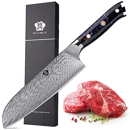 WILDMOK Kochmesser 17cm ultrascharfer japanischer VG10 Stahlkern, geschmiedete Damastklingen Küchenmesser, Damaststahl- und Harzgriff-Kochmesser, Hackmesser für Fleisch, Gemüse, Obst von WILDMOK