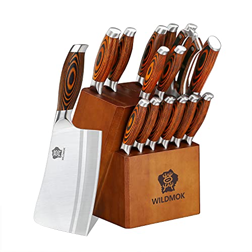 WILDMOK Messer Set Messerblock Set, mit Holzgriff Block, Deutscher Edelstahl Kchenmesser Knochenhacker Steakmesser, und Kchenschere, 17-teilig Profi Messerset von WILDMOK