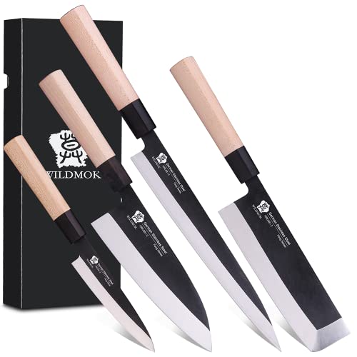 WILDMOK Messerset mit 4 GYUTO Sushi-Kochmessern – Yanagiba-Deba-Nakiri – Allzweck-Küchenmesser, Fischschneide- und Filetiermesser-Sets mit deutscher Stahlklinge und traditionellem Holzgriff von WILDMOK