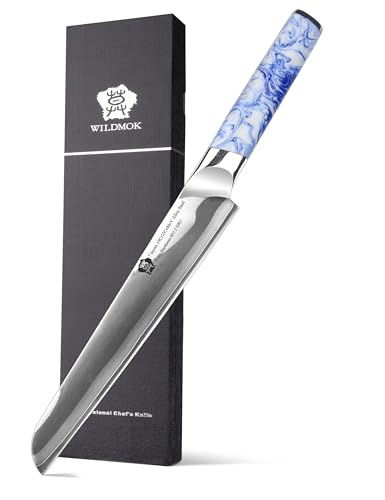 WILDMOK Sashimi Sushi Sujihiki-Messer 21,5 cm 7 Schicht 10Cr15CoMoV Clad Stahl, ergonomischer blau-weißer Porzellanmuster Harzgriff, japanisches Yanagiba-Küchenmesser Schnitzmesser von WILDMOK