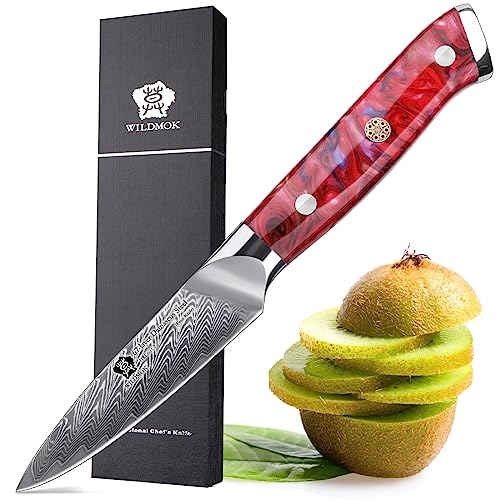 WILDMOK Schälmesser, 8cm scharfes Obst Allzweckmesser Japanisches VG 10 Superstahl 67 Lagen Damaststahlmesser zum Schnitzen und Schälen luxuriöse Geschenkbox mit farbigem Holzgriff von WILDMOK