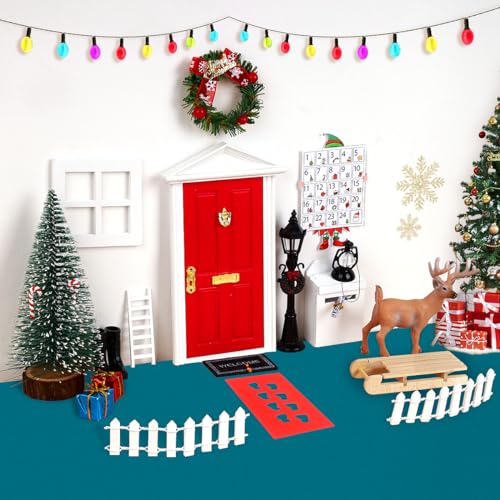 21PCS Wichteltür Zubehör Rot Weihnachten, Wichtel Tür Rot, Elch, Schlitten, Weihnachtsbaum, Fenster, Mini Strassenlicht, Zaun, Stiefel, Teppich, Öllampe, Kranz, Miniatur Feentür Rot Set Wichtelhaus von WILDPARTY