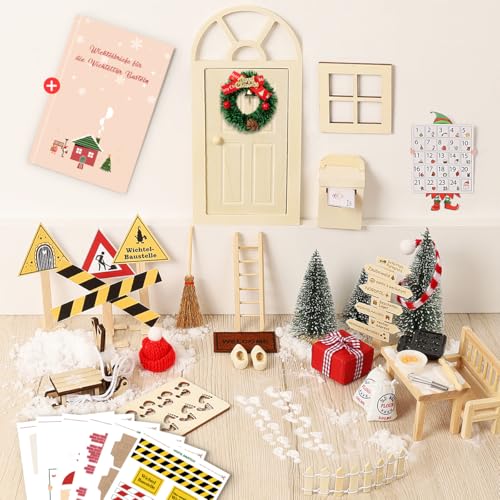 56PCS Wichteltür Zubehör Weihnachten mit Briefen, Wichtel Set Im Dunkeln Leuchten BaustellAe Adventskalender Backset Schlitten Briefkasten Tisch Stühle Weihnachts Bastelset Feentür Made China von WILDPARTY