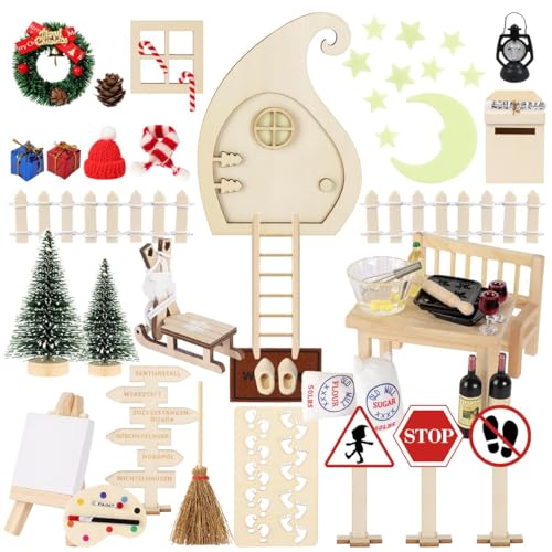 64Pcs Wichtel Set mit Briefen Weihnachten, Wichteltür Leuchtend Zubehör, Miniatur Elfentür Backen Baustelle Staffelei, Adventskalender Feentür Wichtelhaus Bastelset DIY Starterset von WILDPARTY