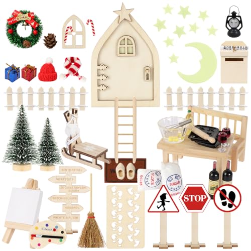 64Pcs Wichteltür Zubehör mit Briefen Weihnachten, Miniatur Feentür Leuchtend Komplettset, Wichtel Baustelle Staffelei Backen Adventskalender, Elfentür, Wichtelhaus Bastelset DIY von WILDPARTY