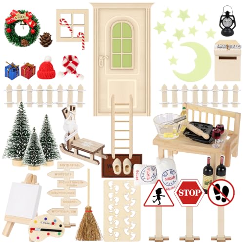 65Pcs Wichteltür Set mit Briefen, Wichtel Zubehör Weihnachten Im Dunkeln Leuchten Komplettset, Elfentür Backen Baustelle Staffelei, Adventskalender Feentür Bastelset Wichtelhaus DIY Geschenke von WILDPARTY