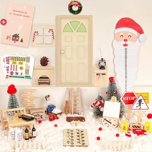 75Pcs Wichtel Zubehör mit Briefe Weihnachten Wichteltür Komplettset, Elfentür Beleuchtet Miniatur Wichtel Baustelle Kamin Staffelei Backset, Wichtelhaus Feentür Zum öffnen adventskalender DIY von WILDPARTY