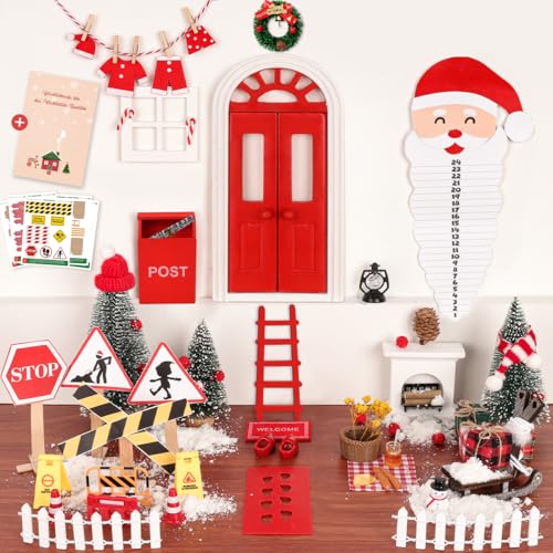 67Pcs Wichteltür Rot mit Briefen Komplettset, Wichtel Zubehör Baustelle, Miniatur Wichtelhaus Picknick Kamin Elfenholz Kleidung Set Weihnachten Geschenk, Feentür Wichteltüren Adventskalender DIY von WILDPARTY