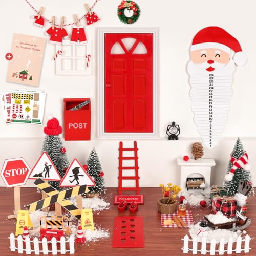 67Pcs Wichtel Zubehör Rot mit Briefen, Wichteltür Baustelle Zubehör Miniatur Wichtelhaus Picknick Kamin Elfenholz Kleidung Set, Adventskalender Wichtel Weihnachten Geschenk Feentür Leuchtend von WILDPARTY