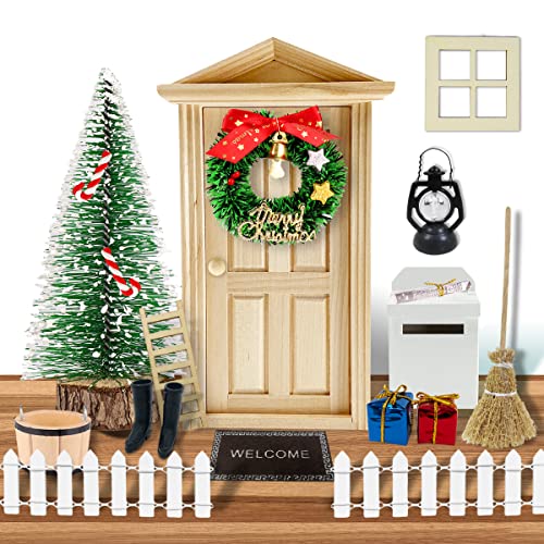 Wichteltür Zubehör Set 19PCS, Miniatur Wichtel Tür Weihnachten, Fenster, Zaun, Weihnachtsbaum,Teppich, Laterne, Postfach, Kranz, Stiefel, Puppenhaus Feentür, Holz von WILDPARTY