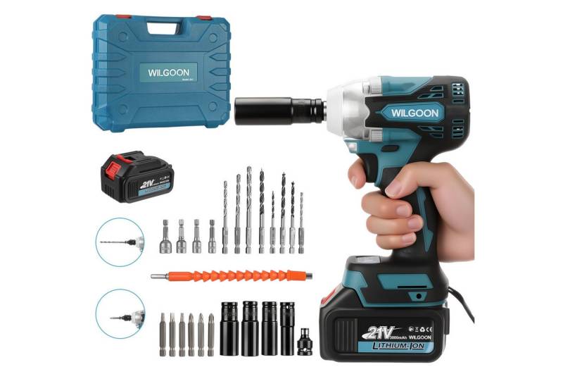 WILGOON Akku-Bohrschrauber 20V Akkuschrauber Set 320Nm max. Akku-Schraubendreher Set mit 3Ah Akku, 20 V, max. 3200 U/min, (mit Aufbewahrungsbox, 4-Modus, inklusive 2x3,0 Ah Akkus & Ladegerät), 2 in 1 Elektro-Schlagschrauber von WILGOON