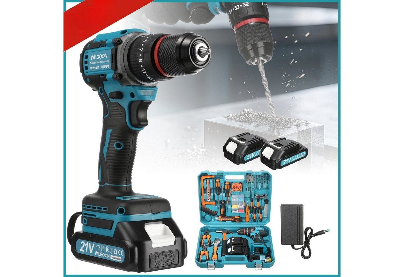 WILGOON Akku-Bohrschrauber 21V Akkuschrauber Set, Akkubohrer mit 120PCS Werkzeugkoffer mit 2 Akku, Akku Bohrmaschine V, max. 2000 U/min, (Set, max. 2000 U/min, 45 N.m Max, 2x 2000mAh Akkus, 35+3 Drehmomentstufen), Für Reparatur und DIY von WILGOON