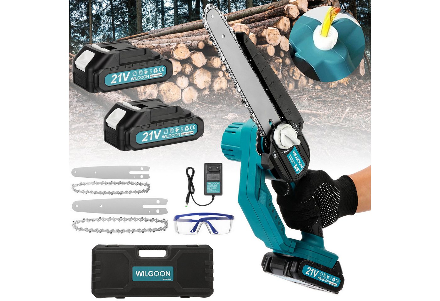 WILGOON Akku-Kettensäge 6+8 Zoll mini Kettensäge, 21 V Handsäge mit bürstenlosem Motor & Akku, mit 2× 6+8-Zoll-Ketten, 2 Führungsplatten, 2 Hochkapazitätsbatterien von WILGOON