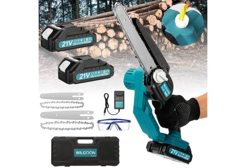 WILGOON Akku-Kettensäge 6+8 Zoll mini Kettensäge, 21 V Handsäge mit bürstenlosem Motor & Akku, mit 2× 6+8-Zoll-Ketten, 2 Führungsplatten, 2 Hochkapazitätsbatterien von WILGOON