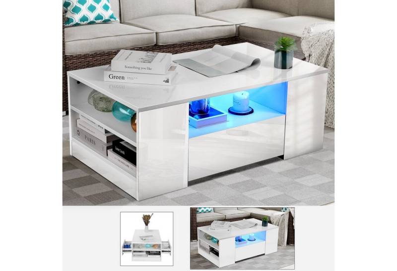 WILGOON Couchtisch Couchtisch hochglanz Sofatisch mit LED-Beleuchtung Verstellbare Farben, mit 2 Schubladen und 2 Regalsofa Couchtisch Beistelltisch, 100x55x37cm von WILGOON