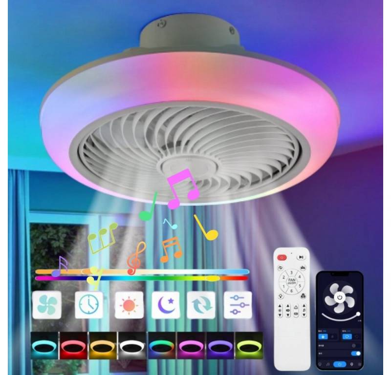 WILGOON Deckenleuchte 50W Leise Deckenventilator mit RGB Beleuchtung, Bluetooth Lautsprecher, Luftzirkulationsfunktion, LED fest integriert, RGB Farbwechsel (3000~6500K), RGB LED Deckenleuchte Dimmbar, 6 Geschwindigkeiten, für Schlafzimmer von WILGOON